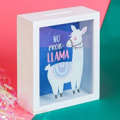 Abbildung von Lama kein Prob lila Glitzer Fund Spardose Bank