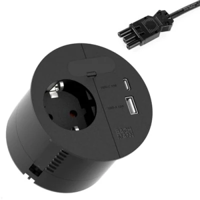 Abbildung von BACHMANN Einbausteckdose Loop IN Charge 1x Steckdose USB A/C 22W mit Kabeldurchführung 0,2m ISV Zuleitung für Büro, Besprechungsraum und Wohnraum Schwarz 938.203