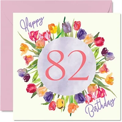 Abbildung von Schöne Geburtstagskarte zum 82. Geburtstag für Frauen Aquarell Tulpen, Blumenstrauß Happy Birthday Karte sie, Oma, Kindermädchen, Großmutter, Geburtstagsgeschenk, 145 mm x