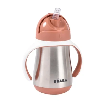 Abbildung von BÉABA, Trinklernbecher 2 in 1 Babyflasche Kindertasse mit Strohhalm 100% dicht Leicht zu öffnen Abnehmbare Griffe Tritan und Silikon 250 ml Terracotta