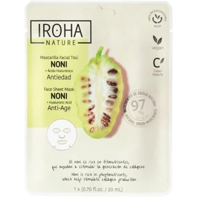 Abbildung von Iroha Nature Anti Aging Gesichtsmaske mit Noni und Hyaluronsäure Ernährung Regeneration 97% natürliche Inhaltsstoffe Vegane 100% biologisch abbaubare Feuchtigkeitsmaske