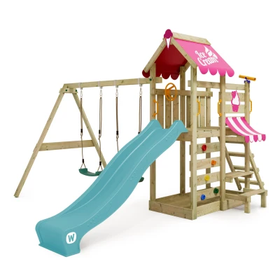 Abbildung von Spielturm Klettergerüst VanillaFlyer mit Schaukel &amp; türkiser Rutsche WICKEY