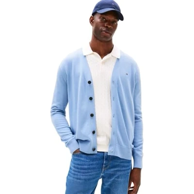 Abbildung von Tommy Hilfiger Herren Strickjacke Cardigan Essential Cotton mit Knopfleiste, Blau (Brisk Blue), L