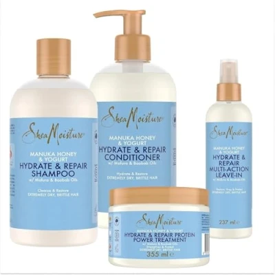 Abbildung von SheaMoisture Haarpflege Bundle Manuka Honey &amp; Yoghurt mit Shampoo 1x 384 ml, Spülung Protein Treatment 355 Leave In 237 ml für extrem trockenes Haar 4 Stück