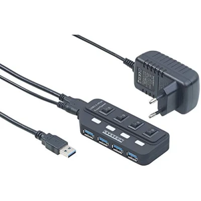 Abbildung von Xystec USB Verteiler: Aktiver 3.0 Hub mit 4 Ports, einzeln schaltbar, 2 A Netzteil (USB Schalter, Schalter und Netzteil, Festplatten Umschalter)