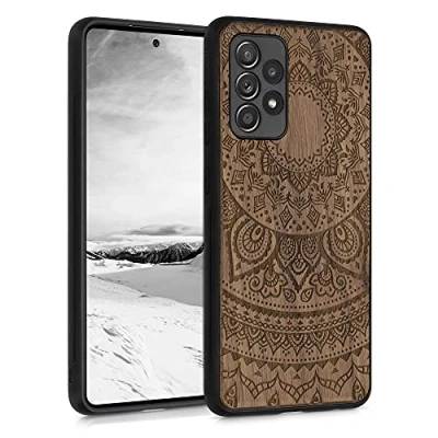 Abbildung von kwmobile Hülle kompatibel mit Samsung Galaxy A52 / 5G A52s Holz Case Handy Cover TPU Handyhülle in Dunkelbraun Indische Sonne