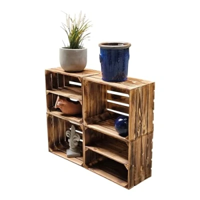Abbildung von 4er Set Holzkisten in verschiedenen Variationen Ideal als Couchtisch, zur Aufbewahrung oder einfach tolle Dekoration (Neu Geflammt 2 x Boden Längs)
