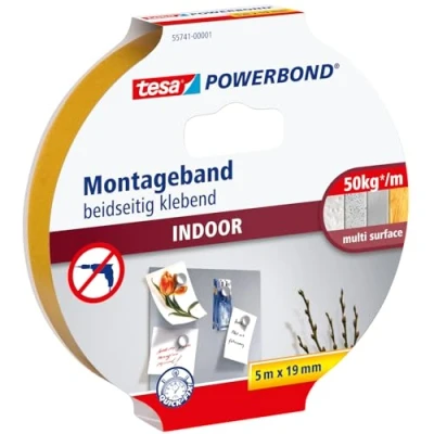 Abbildung von tesa Doppelklebeband (Packung, 1 St) extra starkes Montageband Wandbefestigung ohne Bohren 5 m : 19 mm
