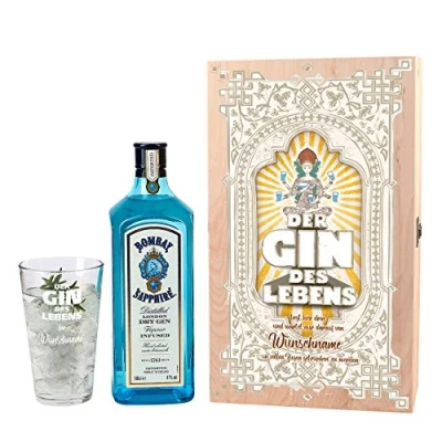 Abbildung von Herz &amp; Heim® Gin Geschenkset Der des Lebens mit 1 l Bombay Sapphire und graviertem Glas in Holzverpackung Wunschnamen