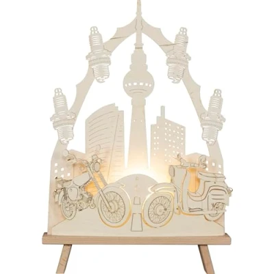 Abbildung von Rudolphs Schatzkiste Lichterspitze Moped Motiv LED Beleuchtung Natur BxHxT 37,5x44x6cm NEU Schwibbogen Lichterbogen Fensterbogen Spitzbogen Erzgebirge Weihnachten Bergbau Bergmann Licht Holz