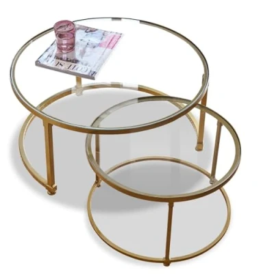 Abbildung von Loberon Couchtisch 2er Set Caraman, Zwei Größen, Ineinander Schiebbar, Nostalgische Optik, Wohnzimmertisch, Sofatisch, Eisen, Glas, Messing/klar