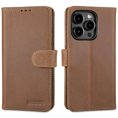 Abbildung von LENSUN Lederhülle iPhone 15 Pro, Echtleder Hülle [Standfunktion][RFID Blocker][Kartenfach] Handyhülle Echtes Leder Handytasche für Pro 5G Vintage Dunkelbraun