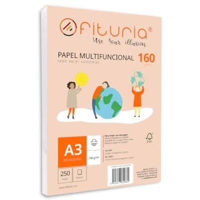 Abbildung von Packung mit 250 weißen DIN A3 Blättern, 160g Druckerpapier. Multifunktionales Kopierpapier für Schule und Büro. Ideal Laserdrucker, Tintenstrahldrucker oder Kopierer Ofituria