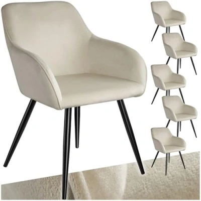 Abbildung von tectake 6er Set moderner Esszimmer Stuhl, Sitzfläche aus Samt, Armlehnstuhl, Sessel Wohnzimmer, gepolsterter Office Chair mit schwarzen Metallbeinen, Schminktisch Stuhl Creme/schwarz
