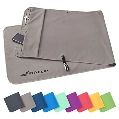 Abbildung von Fit Flip Fitness Handtuch aus Mikrofaser mit Magnet und Reißverschluss Tasche Fitnesshandtuch für Sport Gym Kompakt &amp; Schnelltrocknend Sporthandtuch Fitnessstudio Grau 130x48cm