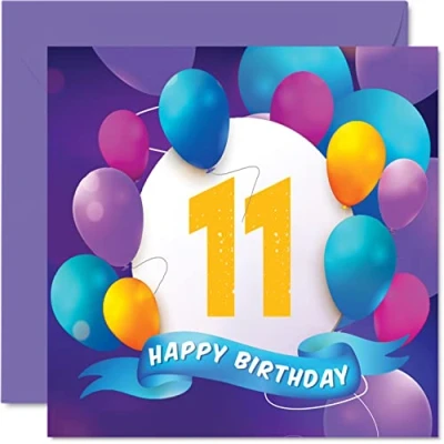 Abbildung von Geburtstagskarte zum 11. Geburtstag für Jungen und Mädchen Ballon Party Happy Birthday Cards 11 Jahre alte Jungen, Mädchen, Bruder, Schwester, Sohn, Tochter, Enkelin, Cousin, 145 mm x