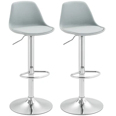 Abbildung von HOMCOM Barhocker 2er Set, Gepolstert Barstuhl mit Stahlgestell, Lehne, Höhenverstellbar Küchenstühle Fußstütze 360 Drehbar Tresenhocker für Küche, Wohnzimmer, Esszimmer, Kunstleder Grau