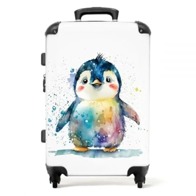 Abbildung von NoBoringSuitcases.com© Kinderkoffer Pinguin Regenbogen Aquarell Tiere Kinder 67x43x25cm, 4 Rollen, Mittelgroßer Reisetasche mit