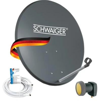 Abbildung von SCHWAIGER 9734 SAT Anlage Satelliten Set Satellitenschüssel Single LNB Koaxialkabel 10m digital Antenne aus Aluminium Anthrazit 55 x 62cm