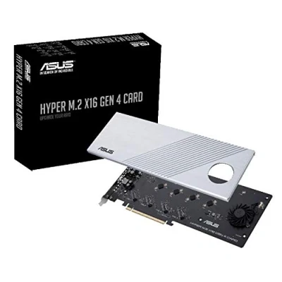Abbildung von ASUS Hyper M.2 X16 PCIe 4.0 X4 Erweiterungskarte unterstützt 4 NVMe (2242/2260/2280/22110) bis zu 256 Gbit/s für AMD 3rd Ryzen sTRX40, AM4 Socket und Intel VROC Raid