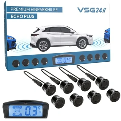 Abbildung von VSG24 Premium Kombi Einparkhilfe mit Display zum nachrüsten am Auto, PDC Parksensoren Vorne Hinten Stecksystem für einfachste Montage 8 Rückfahrwarner Sensoren Parkhilfe Nachrüstsatz Schwarz