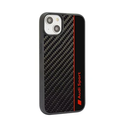 Abbildung von Audi Sport Handyhülle Kompatibel mit iPhone 14 Plus Stoßabsorbierende Hülle Carbon präzisen Aussparungen für Kamera, Anschlüssen &amp; Tasten Schwarz roten Details
