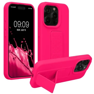 Abbildung von kwmobile Handyhülle kompatibel mit iPhone 15 Pro Hülle Fingerhalter und Standfunktion Silikon Case Handy Cover in Neon Pink