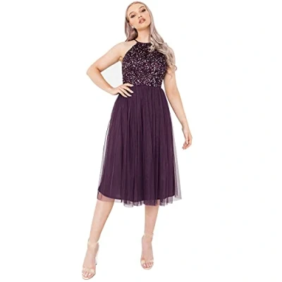 Abbildung von Maya Deluxe Damen Embellished Halter Neck Midi Bridesmaid Dress, Beere, 44 EU