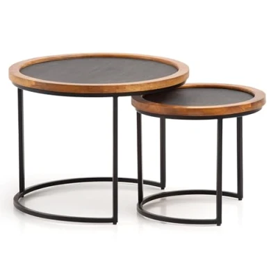 Abbildung von FineBuy Couchtisch 2er Set Mango Massivholz/Steinoptik Wohnzimmertisch Rund, Satztisch mit Metallgestell, Kaffeetisch Modern, Sofatisch Verschachtelungstisch 2 teilig Braun/Anthrazit