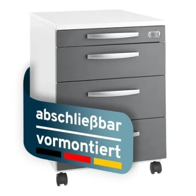 Abbildung von Rollcontainer mit Schubladen Weiss /Graphit , abschließbar &amp; vormontiert aus Stahl Dreischichtplatten Metall Griffen,Schreibtisch Schrank 4 Schubladen, Büro Unterschrank, Schubladenschrank
