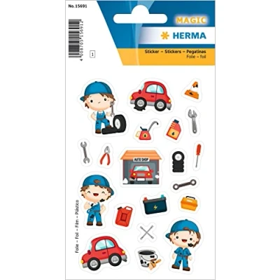 Abbildung von HERMA 15691 Aufkleber Mechaniker klein groß, 19 Stück, Berufe Sticker mit Auto Werkstatt Werkzeug Motiv, Kinder Etiketten für Fotoalbum Tagebuch Poesiealbum Scrapbooking Geburtstag Deko DIY Basteln