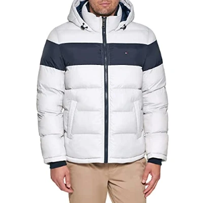Abbildung von Tommy Hilfiger Herren Down Alternative Hooded Puffer Coat Daunenalternativer Mantel, Ice Midnight Stripe, L