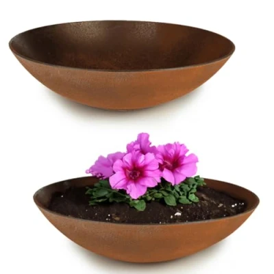 Abbildung von matches21 wetterfeste Pflanzschalen für draußen 2 große XXL Dekoschalen in Rost Metall Optik als Blumenschalen Flache Garten Schalen 45 cm Blumen, Bonsai oder Friedhof Grab Schmuck