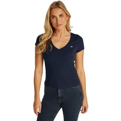 Abbildung von Tommy Jeans SLIM Vneck Tshirt basic, Damen, Größe: 32, Dark night navy