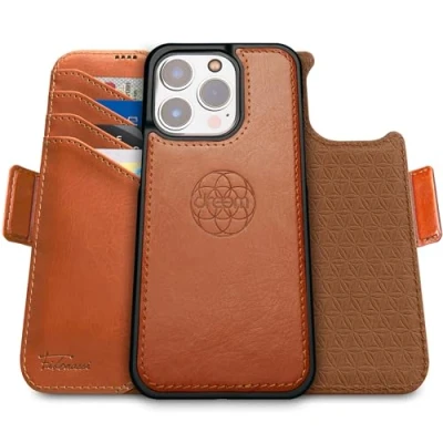 Abbildung von Dreem Fibonacci kompatibel mit iPhone 16 Pro Max Brieftaschen Etui / 2 in 1 stoßfestes und abnehmbares Folio aus veganem Leder, MagSafe, RFID Schutz [Karamell]