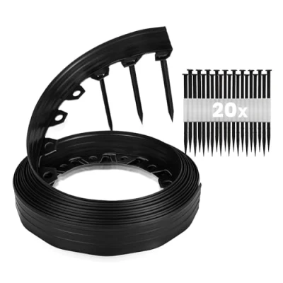 Abbildung von GARDENIX Flexible Rasenkante Kunststoff Wetterbeständige Rasenabgrenzung Beeteinfassung Rund Blumenbeet Umrandung Schwarz, 10 m, 20 Erdanker, 8 cm Höhe