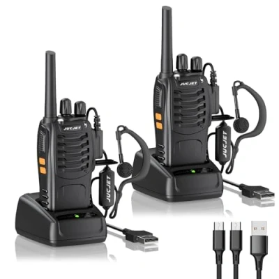 Abbildung von JUCJET 88E Walkie Talkie, Lizenzfrei PMR446 16 Kanäle Funkgeräte, Handfunkgerät Eingebauter LED Taschenlampe. 2 in 1 Type C Charging Cable mit USB Ladestation und Headset (Schwarz, Stück)