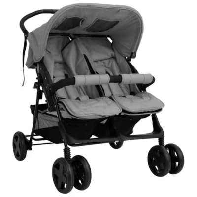 Abbildung von vidaXL Geschwisterwagen Klappbares Design Zwillingswagen Kinderwagen Baby Kinder Buggy Zwillingsbuggy Kinderbuggy Reisebuggy Hellgrau Stahl