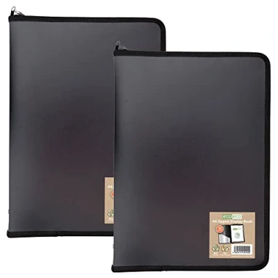 Abbildung von eco Präsentationsmappe mit Reißverschluss, A4, 50% recycelt, 30 Taschen, Schwarz, 2 Stück, eco090x2