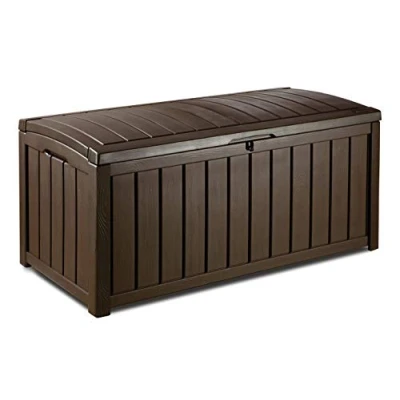 Abbildung von Keter Glenwood Kissenbox, Auflagenbox, 390 Liter Volumen, Wasserdicht, Braun, Holzoptik, Sitzbank für 2 Erwachsene,128x65x61cm, Allzwecktruhe