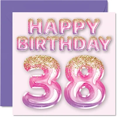 Abbildung von Geburtstagskarte zum 38. Geburtstag für Frauen rosa und lila Glitzerballons Happy Karten 38 Jahre alte Frau Freund Schwester Mama Tante 145 mm Achtunddreißig Grußkarten Geschenk