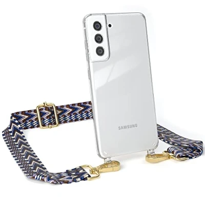 Abbildung von EAZY CASE Handykette Flexibler Trageriemen kompatibel mit Samsung Galaxy S21 FE 5G, Schultergurt zum Umhängen, Taschenriemen, Band austauschen, Wechselgurt, Blau/Weiß Metall Gold