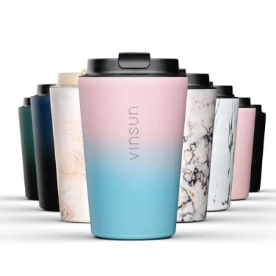 Abbildung von Vinsun Thermobecher Isolierbecher 350ml Rosa, Blau Kaffeebecher to go, Edelstahl, auslaufsicher, bruchfest, für heiße und kalte Getränke