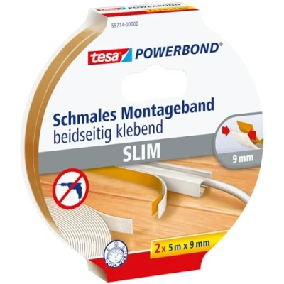 Abbildung von tesa Doppelklebeband POWERBOND Doppelseitiges Klebeband 5 m : 9 mm (Packung, 1 St) schmales Montageband einfache Befestigung von Kabelkanal &amp; Deko