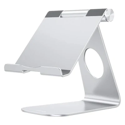Abbildung von OMOTON Verstellbarer Tablet Ständer, Aluminium Halterung Tisch, Halter mit 2024 iPad Pro 13, 11, 12.9, 10.9 Air Mini,und Tablets bis zu 12.9 Zoll, Silber
