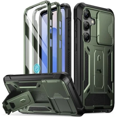 Abbildung von POETIC Spartan Hülle für Galaxy S25 6.2&quot;, [Schiebe Kamera Abdeckung] [Displayschutz funktioniert mit Fingerabdruck ID] Robuste Plus Telefonhülle in Militärqualität Ständer, Metallic Grün