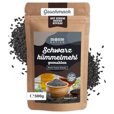 Abbildung von Schwarzkümmel gemahlen Monte Nativo (500g) Schwarzkümmelpulver Schwarzkümmelmehl Schonend getrocknete und aromatische Gewürze ideal zum Kochen Würzen Intesives Aroma Geschmack