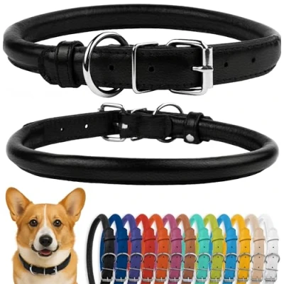 Abbildung von CollarDirect Rundes Leder Hundehalsband, weich gepolstert gerollt, handgefertigtes Echtleder Halsband für Hund Welpe Katze Klein Groß Schwarz Rosa Rot Lila Blau