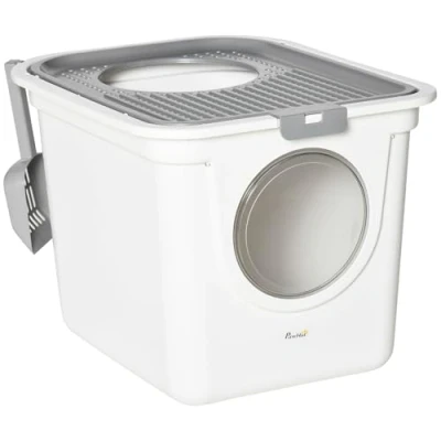 Abbildung von PawHut Katzentoilette mit Deckel, Schaufel, für Indoor, Kunststoff, Grau+Weiß, 44L x 55B 39Hcm