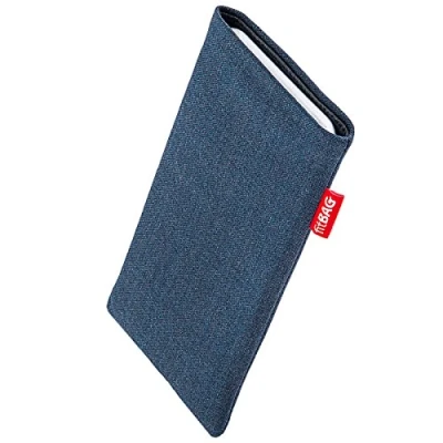 Abbildung von fitBAG Jive Blau Handytasche für Apple iPhone 12 / Pro/iPhone 13 Pro Tasche aus Textil Stoff mit Microfaserinnenfutter Hülle Reinigungsfunktion Made in Germany
